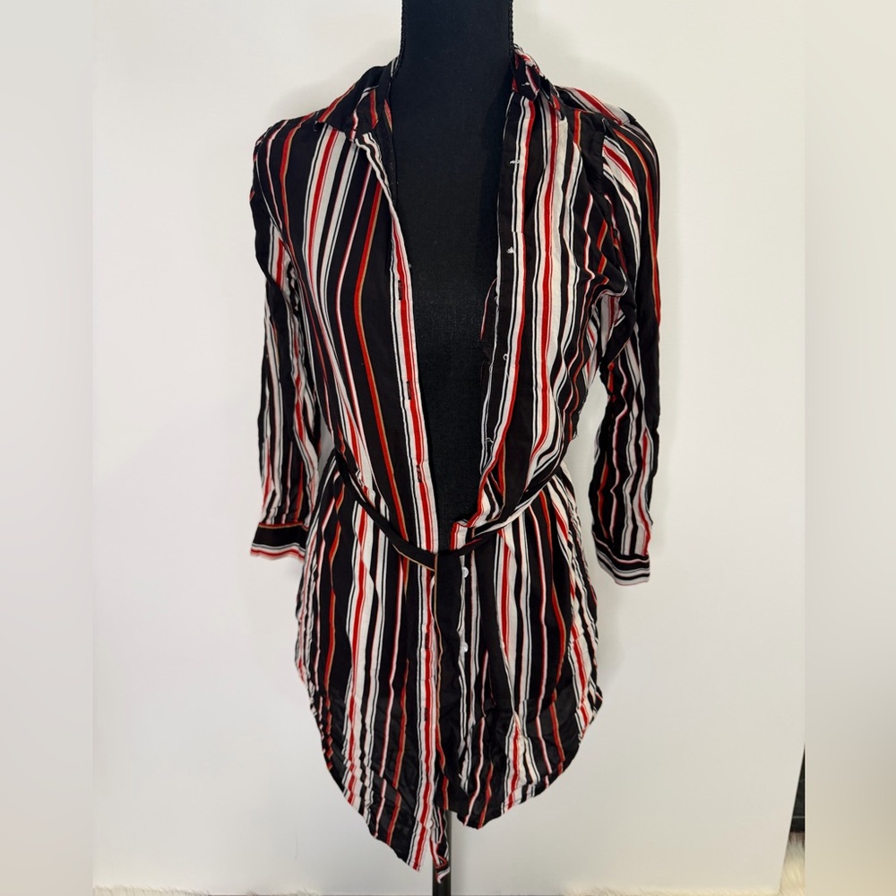 Fashion Nova Black Red White Striped Button-Down Blouse